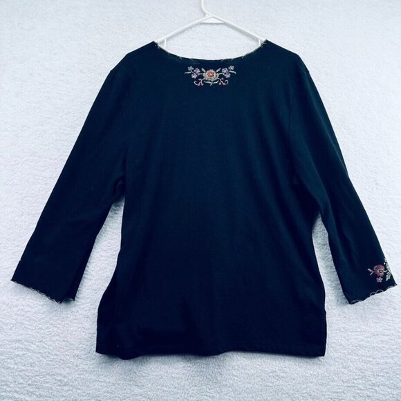 Judith Hart Womens V Neck Tunic Size XL Black Embroidered Look 3/4 Sleeve - Picture 4 of 9